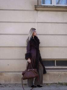 ORNATELLA 女士优雅修身仿皮草泰迪绒拼接长款仿皮草外套，冬季 - 棕色 - 查看 4