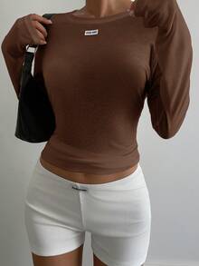 Livesso Women's Solid Color Undershirt For Sports & Fitness, Suitable For Spring, Summer, Autumn - Brown - View 5