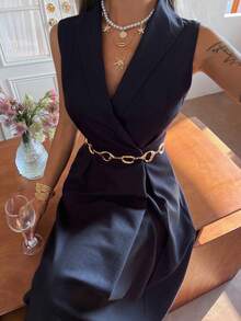 DAZY 优雅翻领束腰无袖纯色女式连衣裙 - 藏蓝色 - 查看 1