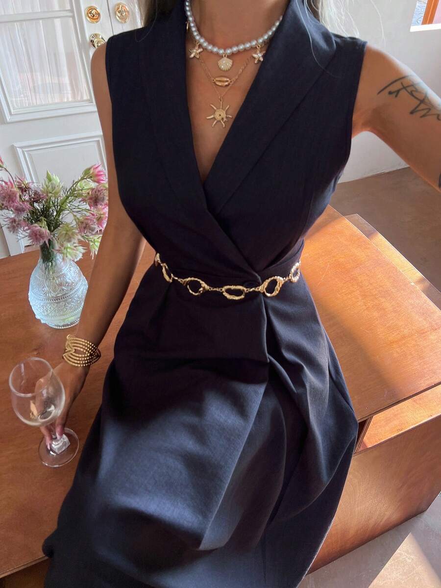 DAZY 优雅翻领束腰无袖纯色女式连衣裙 - 藏蓝色 - 查看 1