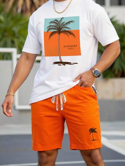 Manfinity Chillmode Men's Letter & Palm Tree Print Round Neck Short Sleeve Casual T-Shirt And Drawstring Waist Shorts Set Vacation Outfits For Men, Cozy Outfits