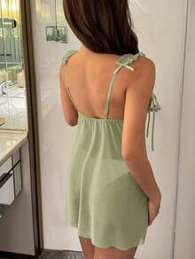 DAZY 2pcs Sheer Mesh Frill Trim Bow Decor Front Open Nightgown & G-String Sexy Lingerie Set - Green - View 2