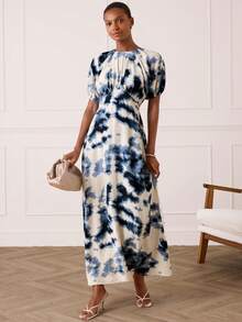 Lilora 女士优雅蜡染印花花瓣袖收腰连衣裙，度假风 - 藍白色 - 查看 3