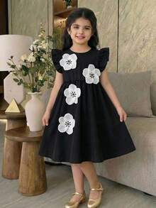 SHEIN Young Girl Woven Colorblock 3D Floral Round Neck Cap Sleeve Black Summer Dress,Kids A-Line 7th Birthday Party Dress For 8 Year Old Elegant Abaya - Red - View 4