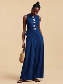 Travachic 女士纯色高腰褶皱阔腿宽松休闲裤 - 藏蓝色 - 查看 1