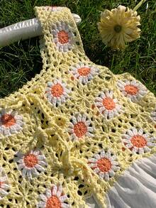 Comfortcana Multi-Color Crochet Floral Patchwork Ruffle Hem Front Tie Knit Vest - Multicolor - View 8