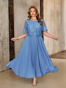 Roveilla 大码女装春夏新款婚礼宾客浪漫连衣裙，新娘礼服，晚礼服，正式女士礼服，优雅蕾丝拼接连衣裙，宽松长裙 - 藍色 - 查看 4