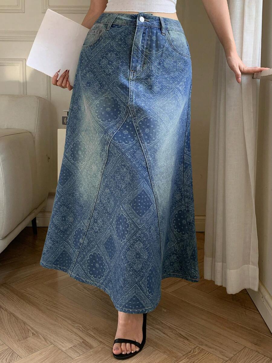 DAZY 女士休闲水洗碎花牛仔迷你裙，春夏款 - 中等水洗藍 - 查看 1