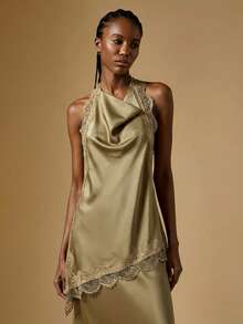 Briarwyn Atasan Halter Seksi Tanpa Punggung dengan Detail Renda Warna Polos untuk Wanita - Khaki - View 7