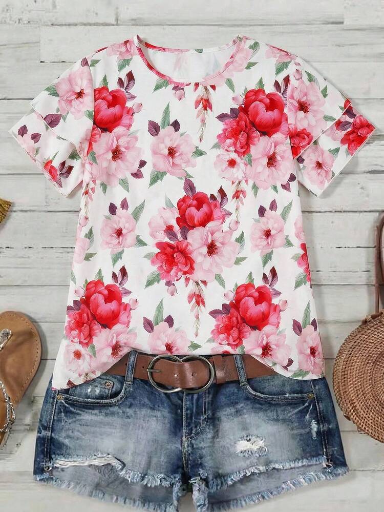 Reflora Plus Size Elegant White Summer Floral Blouse For Women,Tea Party Short Sleeve Ruffle Trim Top,Vacation Style Flower Printed Carnival Costume Blouses - Multicolor - View 6