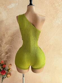 Soleia 女士镂空腰部左侧贝壳金属贴花纹理面料修身迷你连体裤，适合假日、约会、下午茶、度假、音乐节、波西米亚风、休闲度假、钩针编织、亚麻等场合。 - 綠色 - 查看 2