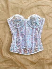 Soleia Áo định hình vóc dáng, đính sequin nhiều màu sắc, ôm sát, thanh lịch, buộc dây phía sau, ren và hoa văn. - Màu xanh lam - Xem 3