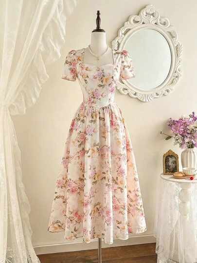 Vintamour Vestido elegante vintage de mujer con bolsillos, diadema, estampado de rosa y corazón, vestido casual para vacaciones