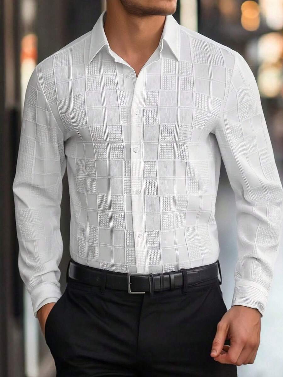 Manfinity Bizformal 男士白色纹理格子休闲长袖衬衫 - 白色 - 查看 1