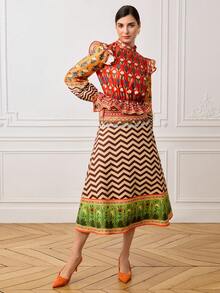 LOTSLUV 女士春夏橙色印花上衣，立领设计，袖口和下摆饰有荷叶边，腰部收紧设计 - 亮橙色 - 查看 6