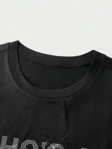 EASEVO Tricou bărbătesc Plus Size, casual, cu guler rotund, cu litere și strasuri, cu mânecă scurtă, versatil, pentru purtare zilnică - Negru - Vizualizare 7