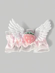 ROMWE Anime 1 pieza Horquilla de pelo con lazo de encaje con alas de fresa linda, clip de pato hecho a mano estilo Lolita, accesorios de pelo rosados de uso diario - Multicolor - Ver 1