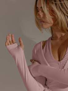 Aralina 纯色系带裹身修身长袖运动T恤 - 藕粉色 - 查看 4