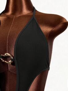 Mistrie Halter Neck Cut-Out Sheer Mesh Bodycon Maxi Dress With Irregular Hardware Accents(Sexy Club Party Outfit) - Black - View 4