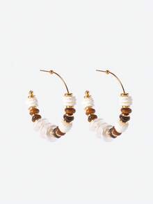 Opalesca 18K Gold Plated Tiger Eye & Faux Pearl C-Shaped Hoop Earrings,Outfits, Old Money,Beaded,Wedding/Bridal Accessories,Fairycore/Fairy,Pearl,For Mom/Women/Girl/Mother,Elegant,Premium,Classy,Crystalsbeaded,Wedding/Bridal Accessories,Fairycore/Fairy,Pearl,For Mom/Women/Girl/Mother,Elegant,Premium,Flower,Crystals,Gold,Easter,Travel/Beach/Vacation,Boho - Gold - View 2