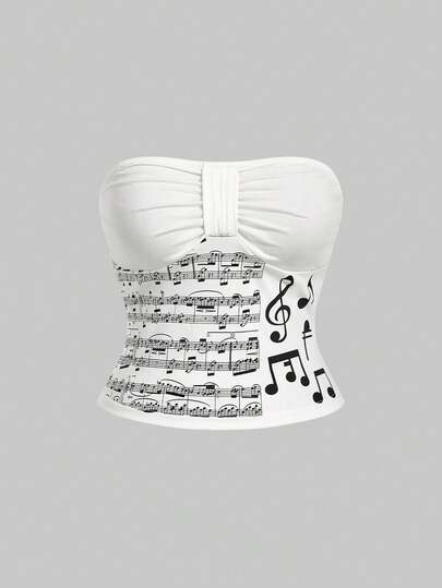 ROMWE Grunge Punk 大码女式音符和乐谱印花褶皱修身吊带背心