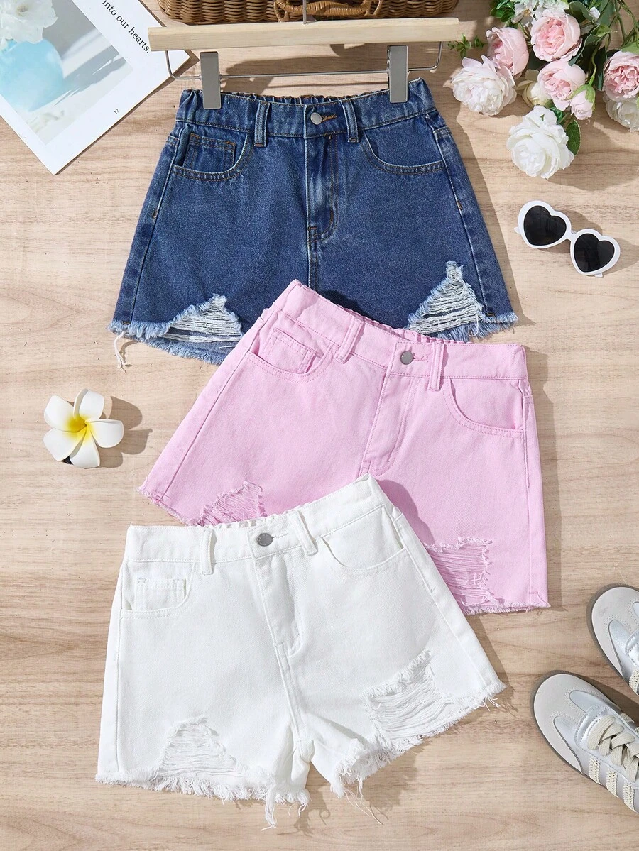 SHEIN Tween Girl Summer Beach Boho Causal 3pcs Pink, Blue,White Baggy Denim Ripped Shorts With Slant Pocket, Summer Vacation Concert Rave Festival Two Pieces,Suitable For Summer Chill, School, Campus, College, Summer Clothes,Suitable For Spring And Summer Boho,Season Vintage//Beach/Sea/Elegant Graduation,Casual's Jumpsuit,Summer Holiday,Spring Clothes,Beach,Vacation,Valentine's Day,Summer Holiday,Beach Vacation Holiday,Graduation - Multicolor - View 1