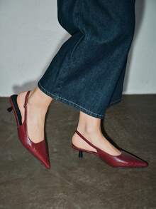 4厘米酒红色高跟鞋，派对礼服鞋，套穿式尖头细高跟鞋，优雅，猫跟鞋 - 紅色 - 查看 4