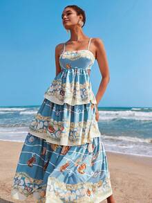 Travachic 女士海星贝壳印花镂空褶皱休闲度假约会吊带长裙 - 灰藍色 - 查看 1