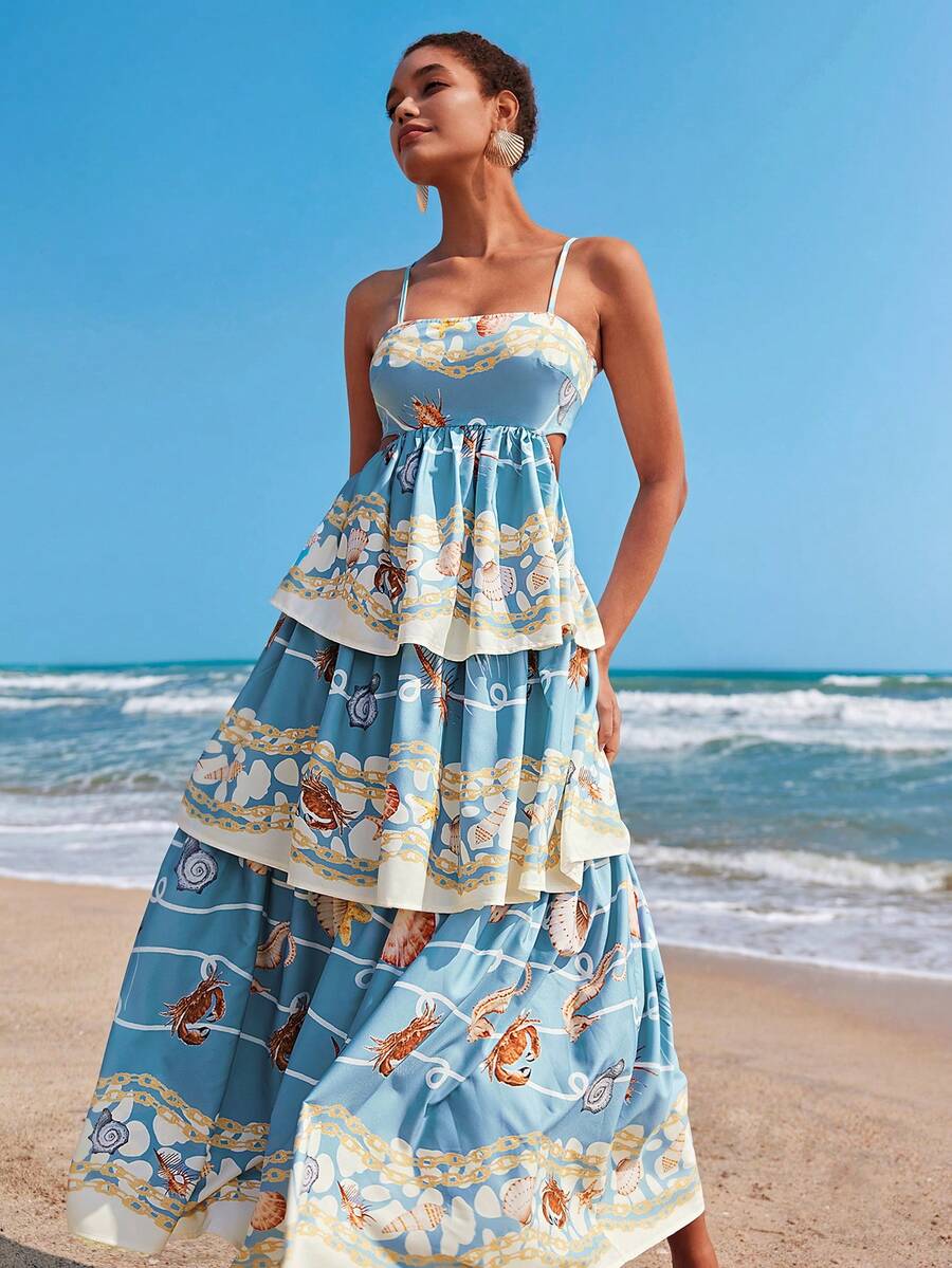 Travachic 女士海星贝壳印花镂空褶皱休闲度假约会吊带长裙 - 灰藍色 - 查看 1