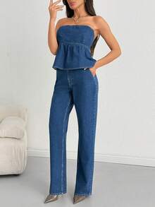 SHEIN Women's Casual Denim Set With Ruched Bandeau Top And Pocketed Pants - Dark Wash - View 4