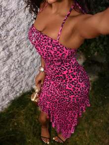 Lureya 女士时尚针织吊带衫几何豹纹短款不规则荷叶边下摆优雅浪漫度假休闲日常约会晚餐春夏连衣裙 - 彩色 - 查看 3