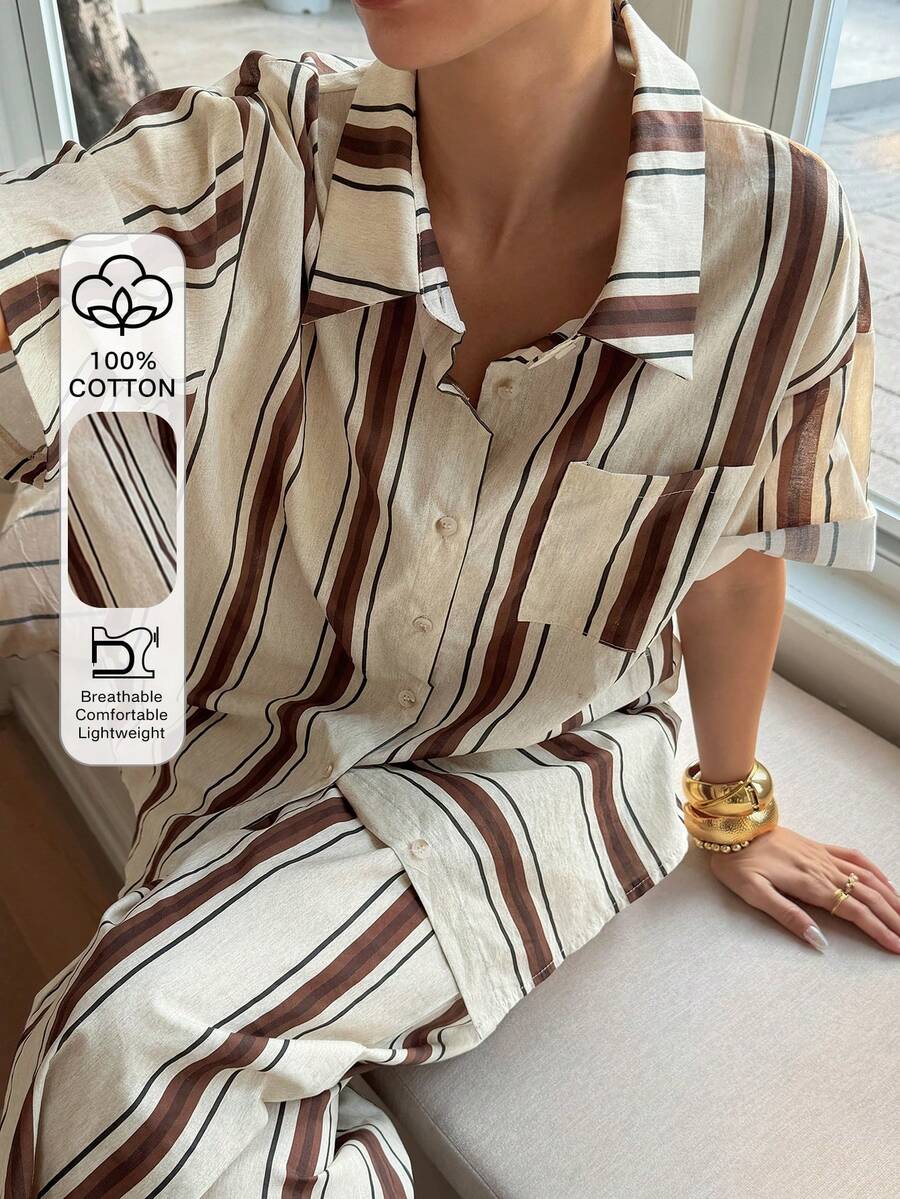 DAZY 女士条纹落肩短袖纽扣休闲衬衫长裤两件套家居服套装，夏季女士休闲套装 - 杏色 - 查看 1