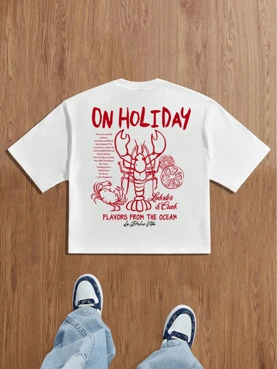 Manfinity Joysei Men's Loose Fit Cropped T-Shirt, Casual Fashion Shrimp & Crab Print T-Shirt, Suitable For Daily Casual Or Vacation Wear