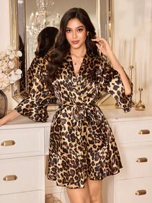 LuxeNights Women's Elegant Faux Silk Leopard Print Kimono Robe - Multicolor - View 1