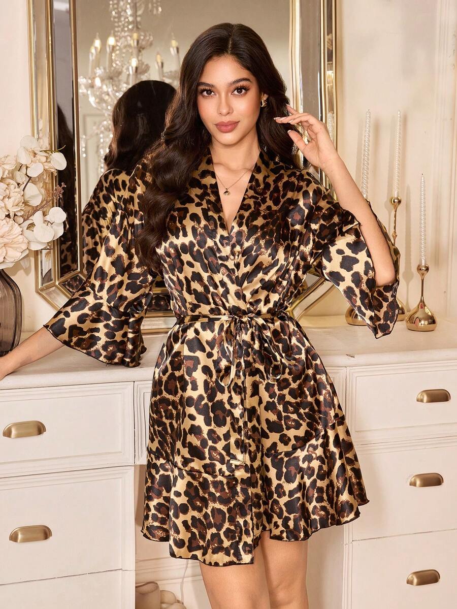 LuxeNights Women's Elegant Faux Silk Leopard Print Kimono Robe - Multicolor - View 1