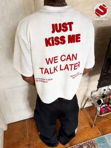 TOKVUE Street Casual Red Slogan 3D Embroidery White Loose T-Shirt - White - View 1