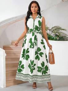 SHEIN Lady Women's Elegant Floral Print Button-Up Sleeveless Dress, Summer - Multicolor - View 4