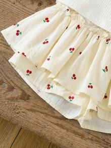 SHEIN LMoss Kids 2pcs Young Girl Knitted Solid Color Cherry Graphic Camisole And Shorts Set - White - View 3