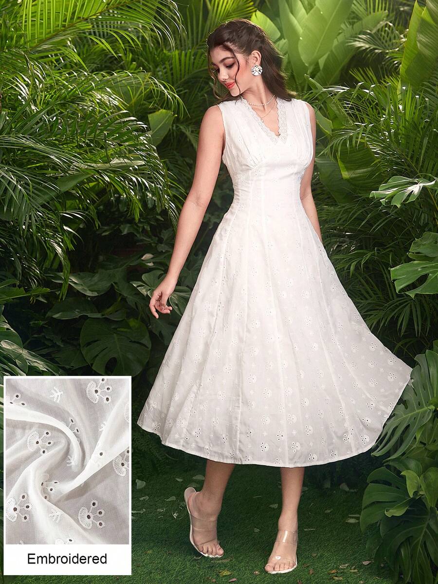 Modelyn Đầm midi dáng xòe không tay, cổ chữ V, thêu họa tiết, kiểu Pháp thanh lịch dành cho nữ.