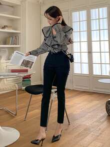 DAZY 少女春秋季法式优雅度假风印花荷叶边袖结饰领衬衫 - 黑色 - 查看 3