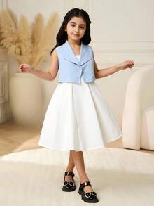 SHEIN Genkimix Kids 少女纯色翻领开衫和吊带连衣裙套装，适合日常穿着和略微正式的场合，非常适合晚春、夏季和初秋。 - 淺藍色 - 查看 6