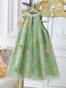 SHEIN Elladie kids 甜美梦幻的少女连衣裙，3D立体花卉网纱蓝色吊带连衣裙，优雅独特，适合派对、外出和日常穿着。 - 綠色 - 查看 2