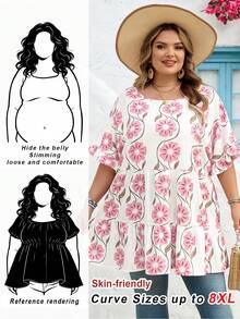 SHEIN CURVE+ Curve 尺码 US22 音乐节、海滨度假、波西米亚风女士夏季休闲度假褶皱碎花灯笼袖复古衬衫 波西米亚度假 - 彩色 - 查看 1