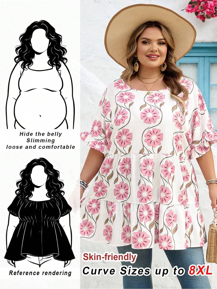 SHEIN CURVE+ Curve 尺码 US22 音乐节、海滨度假、波西米亚风女士夏季休闲度假褶皱碎花灯笼袖复古衬衫 波西米亚度假 - 彩色 - 查看 1