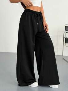 Hanevo 少女抽绳腰宽松喇叭直筒休闲裤，后臀印花图案 - 黑色 - 查看 3