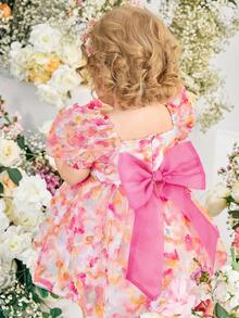 SHEIN 女婴优雅可爱彩色网纱印花短袖连衣裙，夏季 - 粉色 - 查看 4