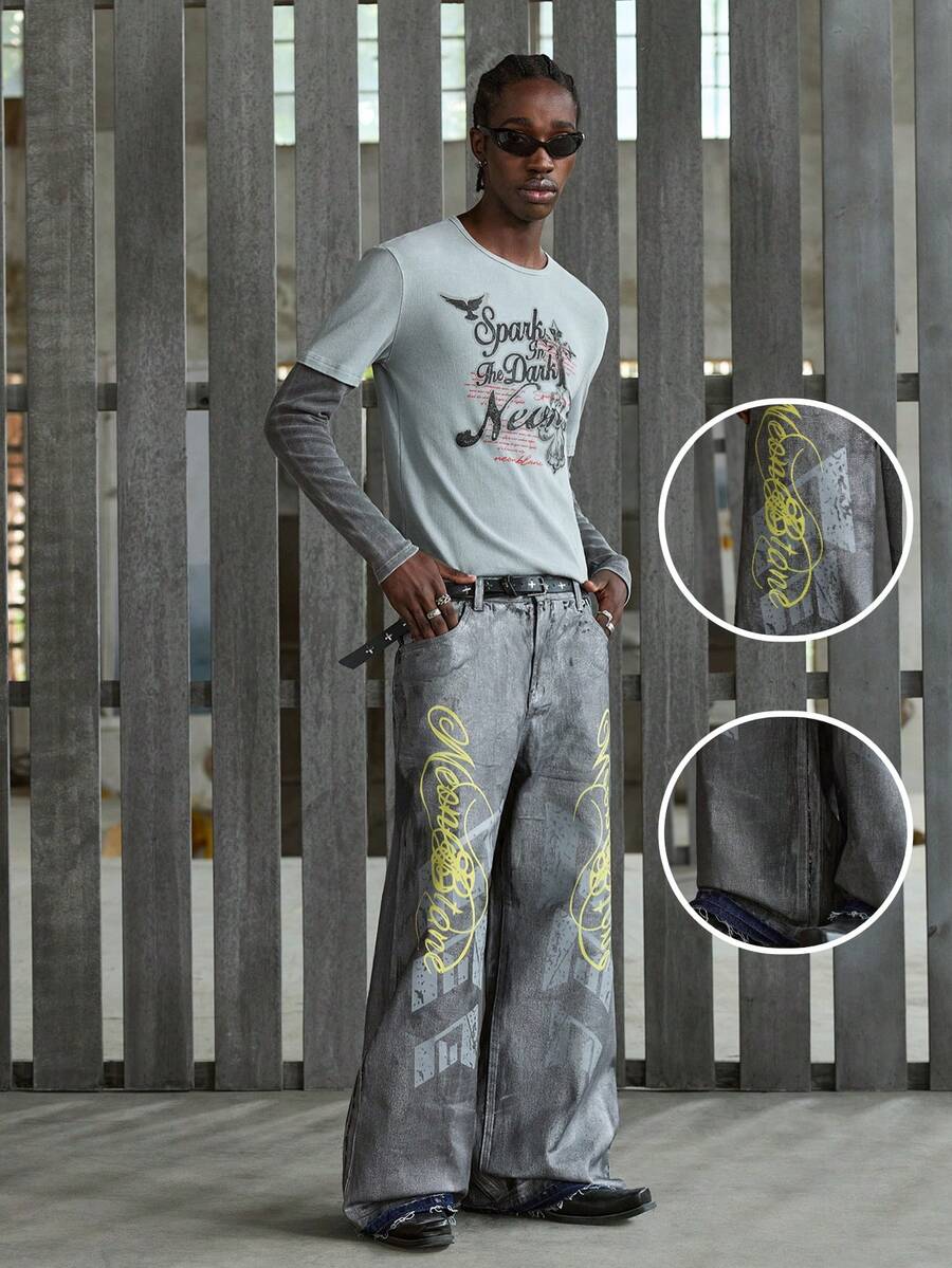 NEON BLANC Quần jeans ống loe rộng, in chữ, phong cách thường ngày, thích hợp cho nam giới, không kèm thắt lưng. - Xám - Xem 1