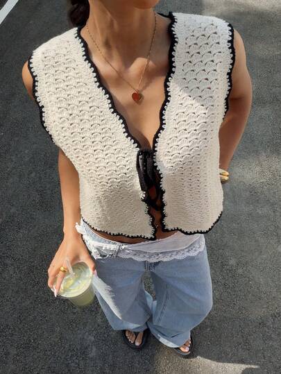 Muchica Women's Color Block Lace-Up Collar Casual Versatile Daily Wear Knit Top