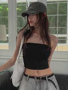 DAZY 女款貼身彈性素色細肩帶背心抹胸上衣 - 黑色 - 查看 5