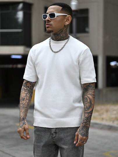 Devon Thys גברים קז'ואל צדדי צבע אחיד סרוג שרוולים קצרים